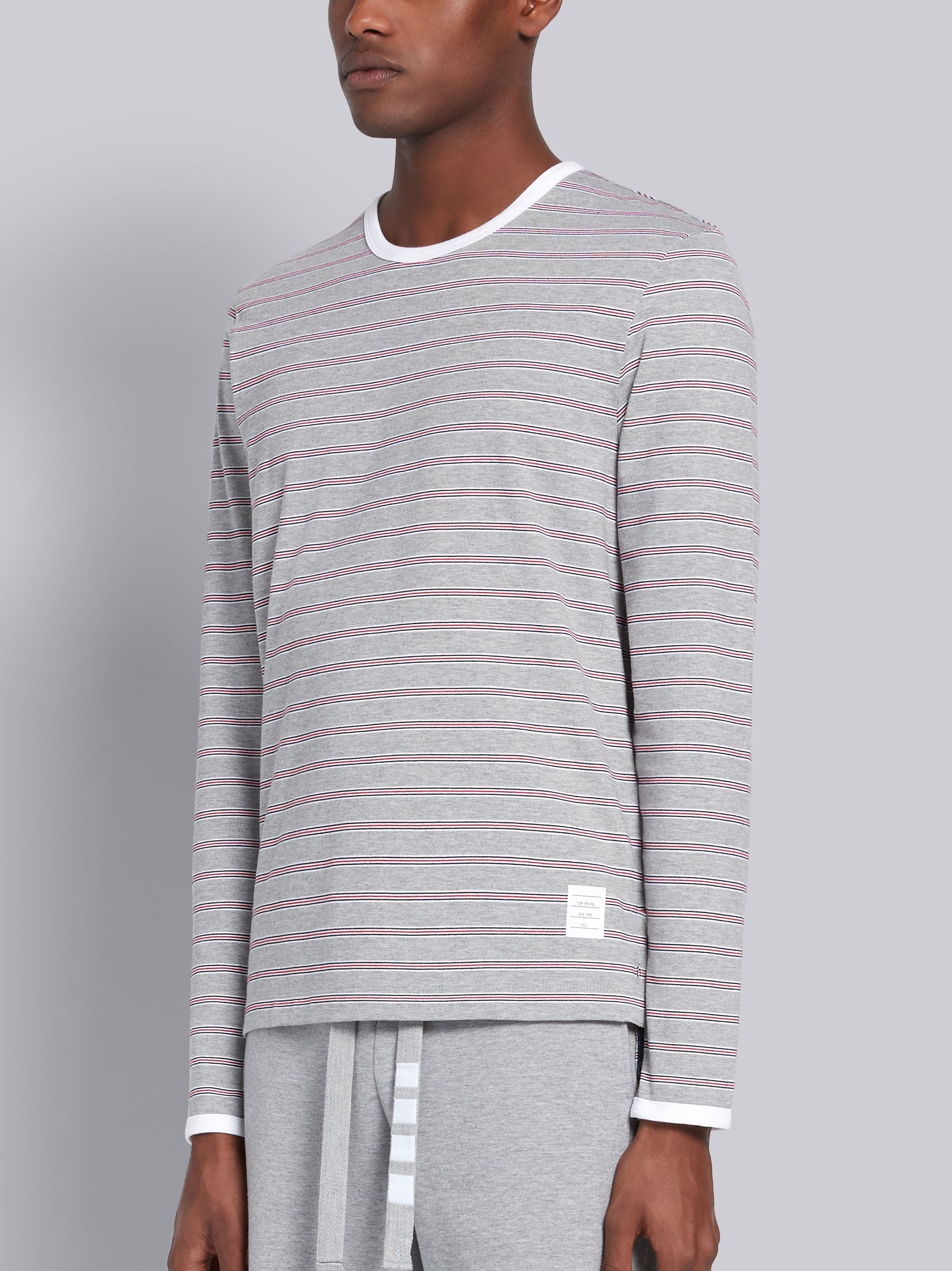 Light Grey Cotton Hairline Stripe Long Sleeve Ringer T-shirt - 3