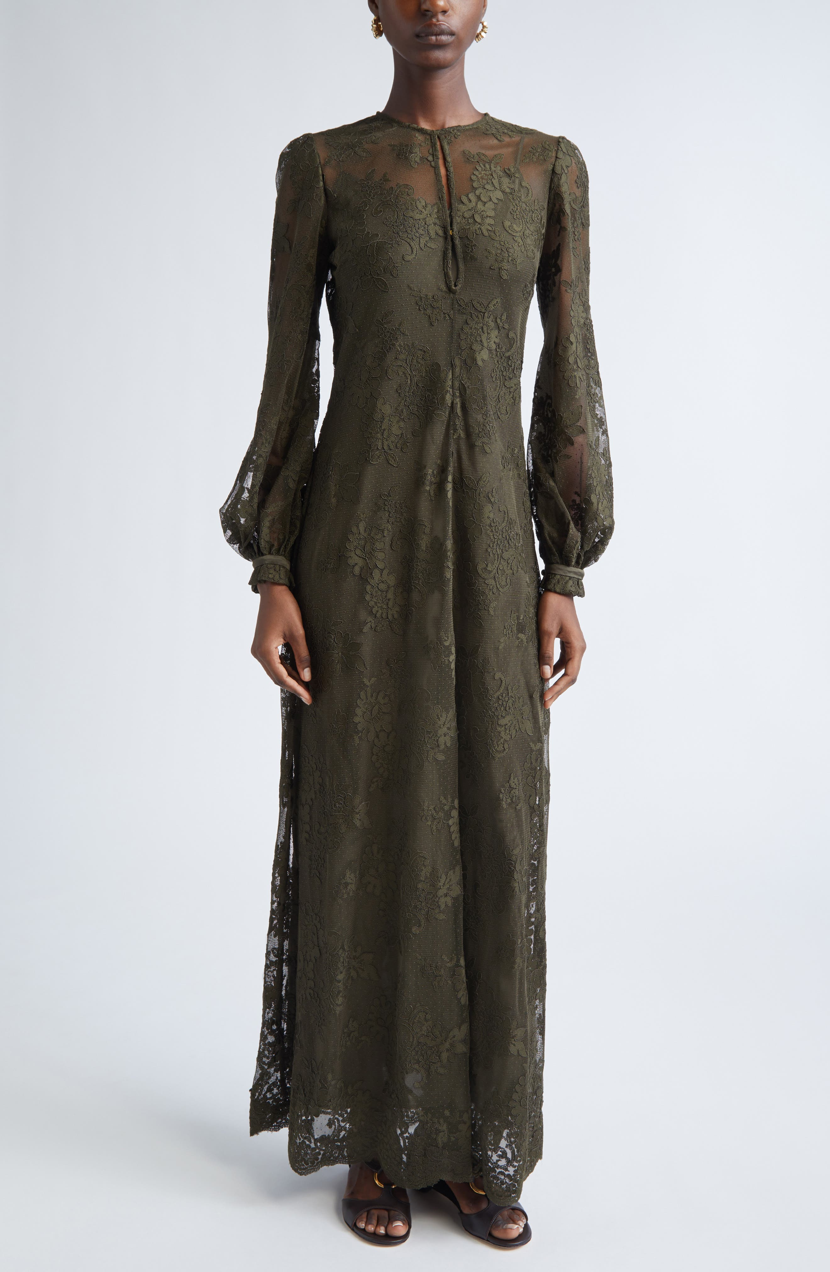 Zimmermann Memento Long Sleeve Lace Maxi Dress in Olive at Nordstrom - 1