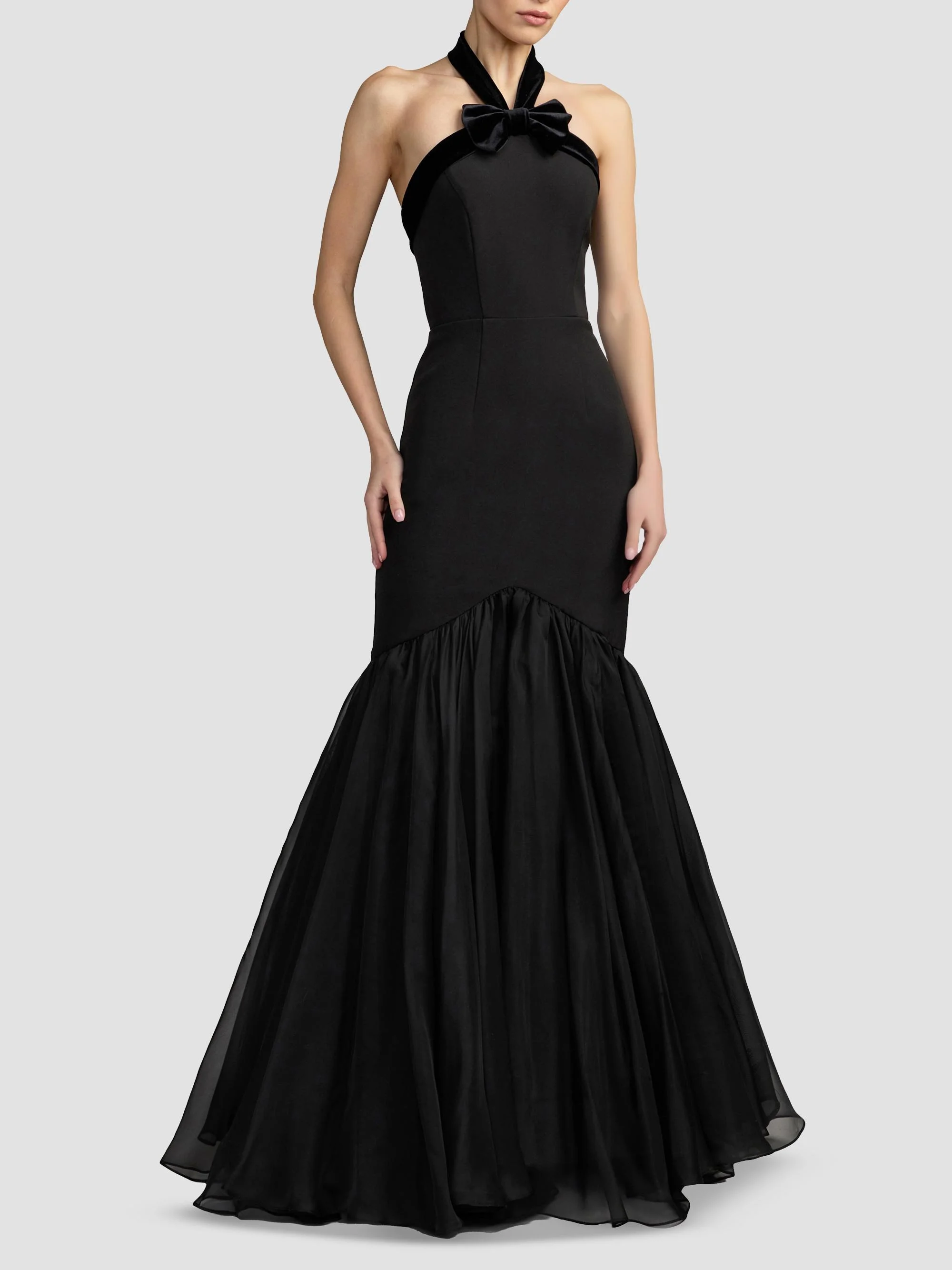 Women's Halter Bow Mermaid Chiffon Gown - Black - 1