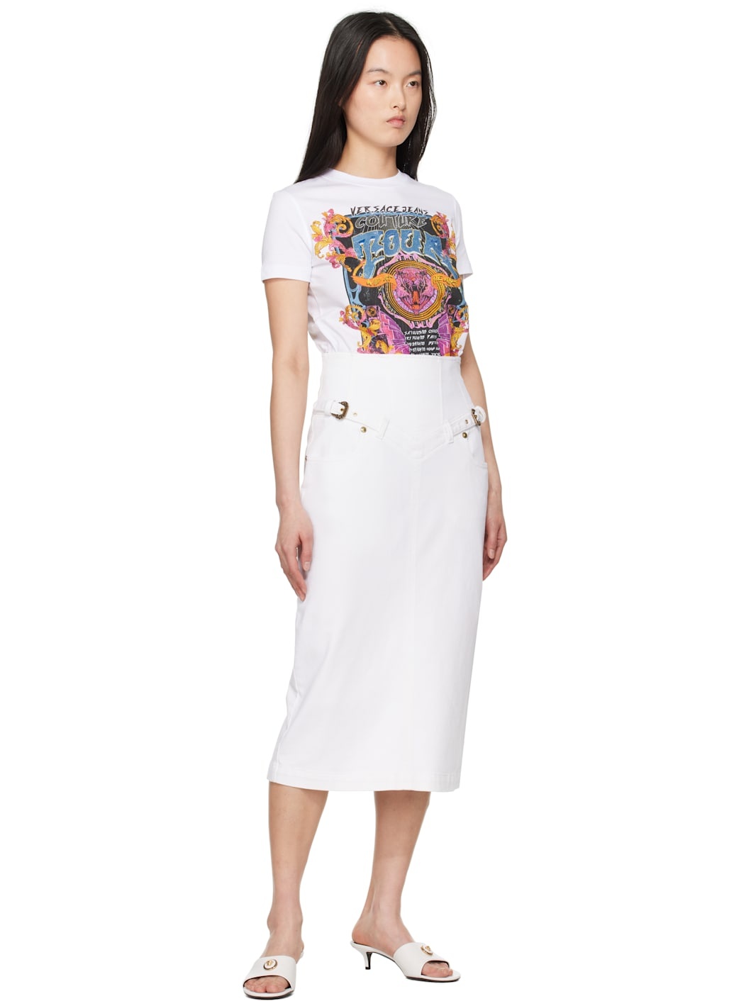 White Baroque Buckle Denim Midi Skirt - 4