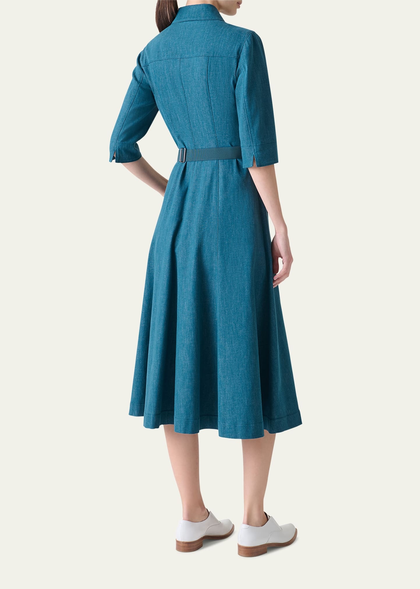 Belted Cotton Denim Stretch Midi Dress - 3