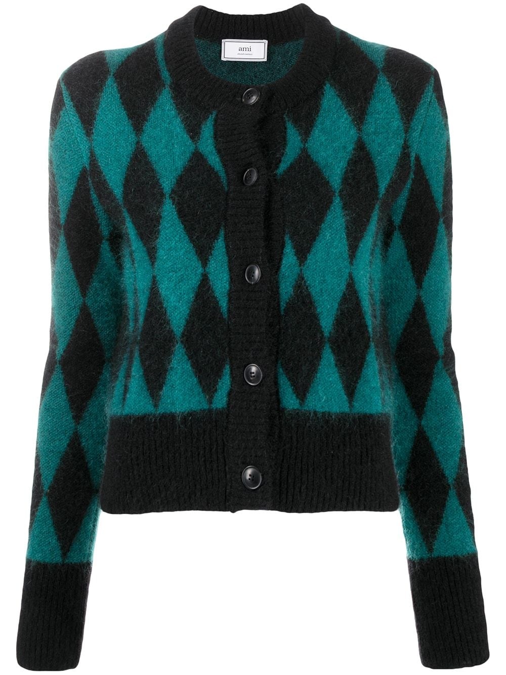 diamond-pattern crew neck cardigan - 1