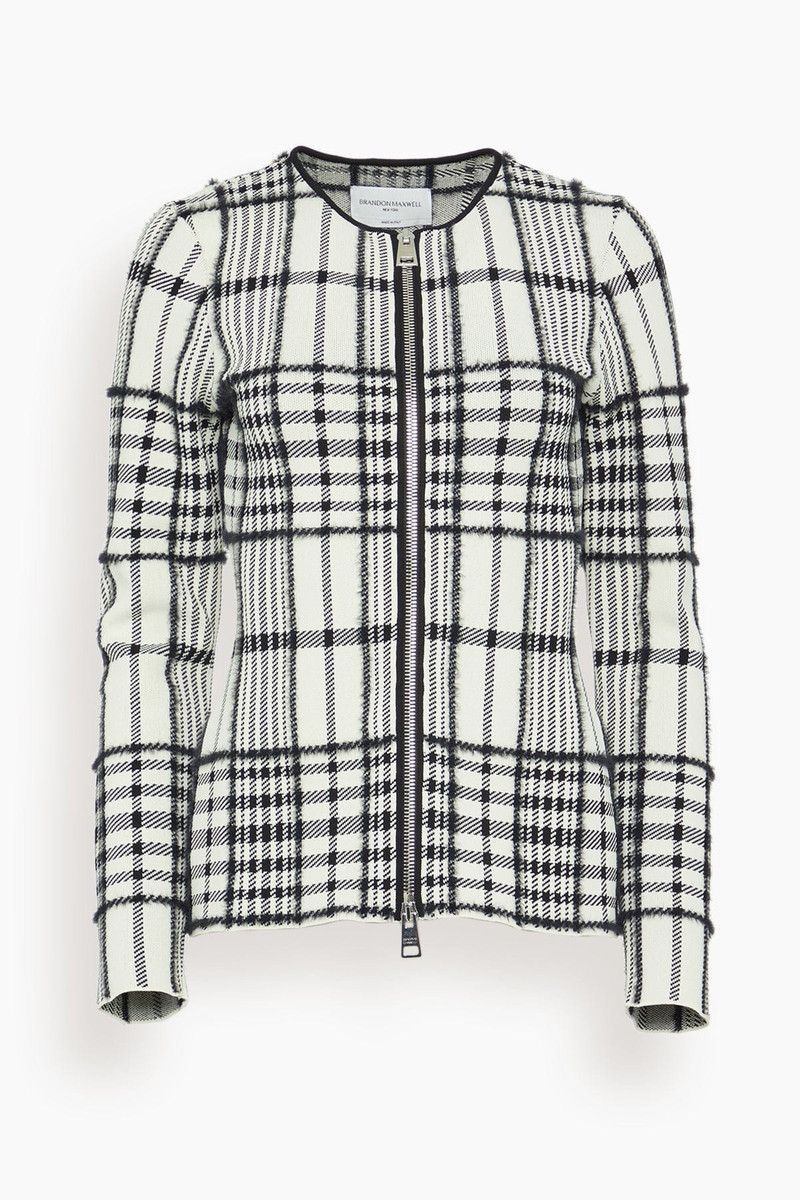 The Greer Zip Front Knit Cardigan in Ivory Plaid 1