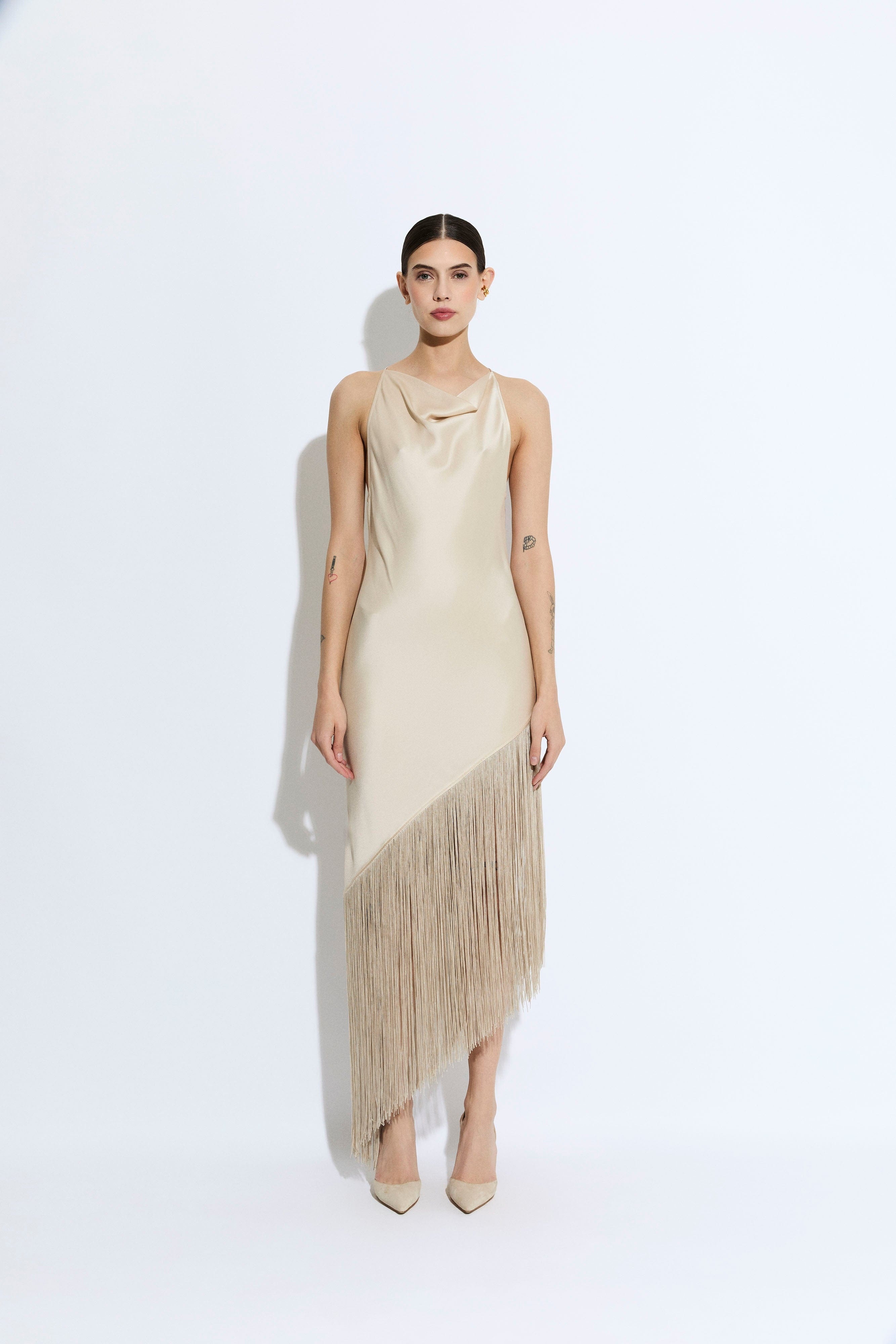 Satin Cowl Neck Fringe Dress - 2