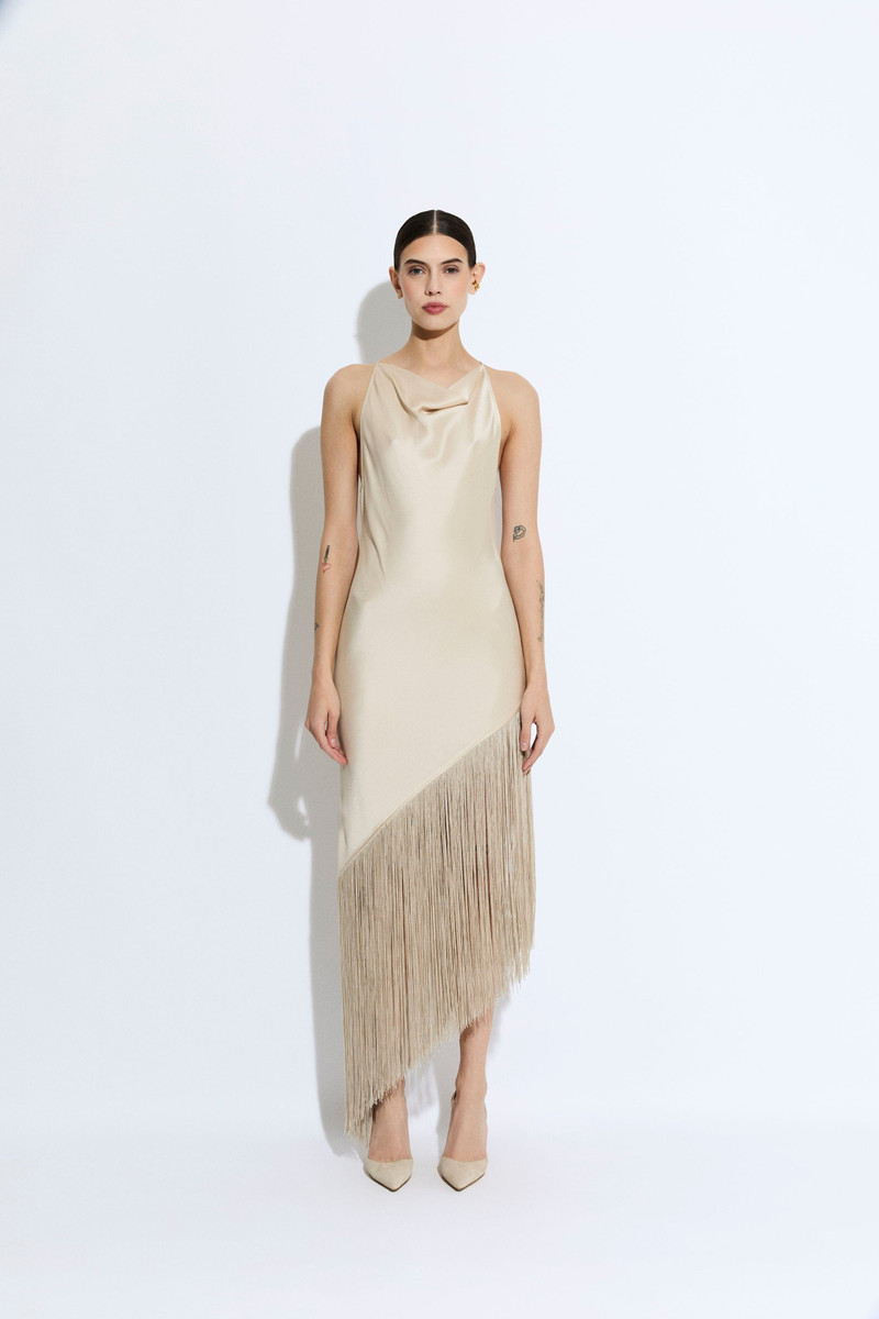 LAPOINTE Satin Cowl Neck Fringe Dress outlook