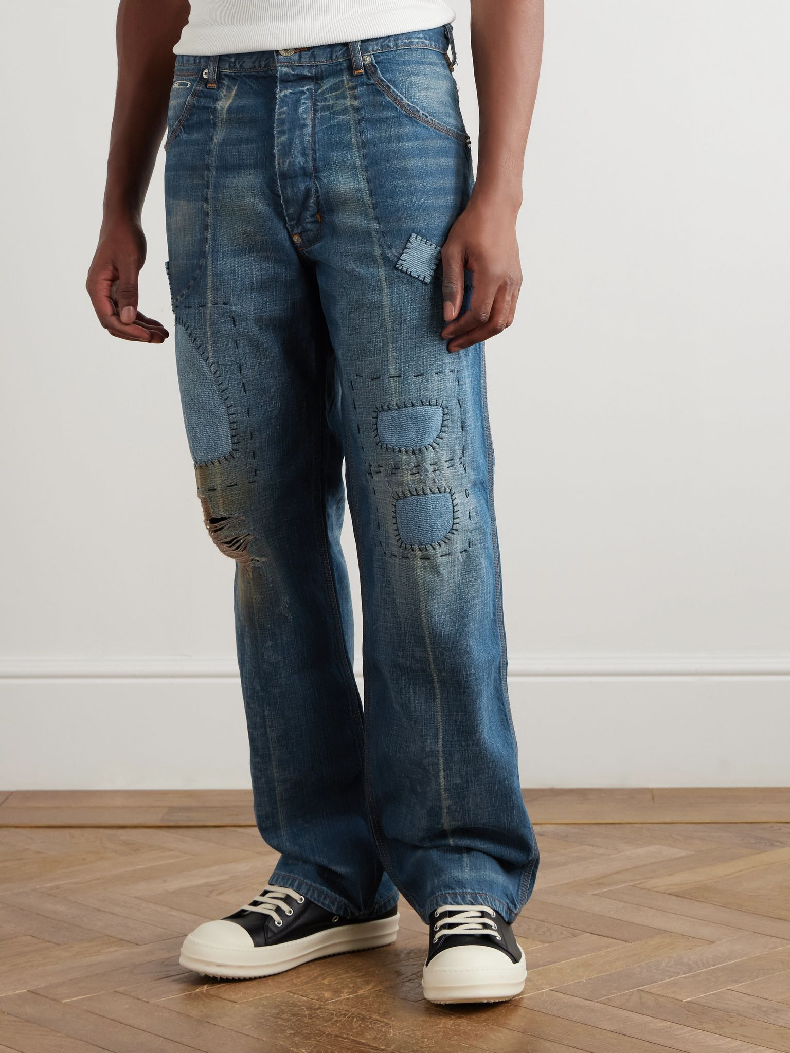 Bare Knuckle Straight-Leg Distressed Patchwork Jeans Blue - 3