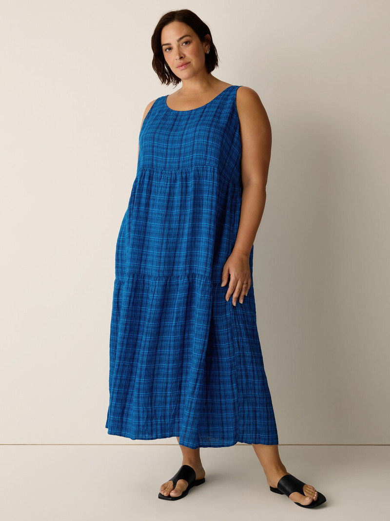 Puckered Organic Linen Plaid Tiered Dress 6