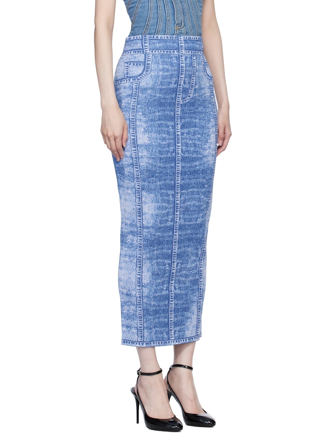 Blue Denim Effect Knit Midi Skirt - 2