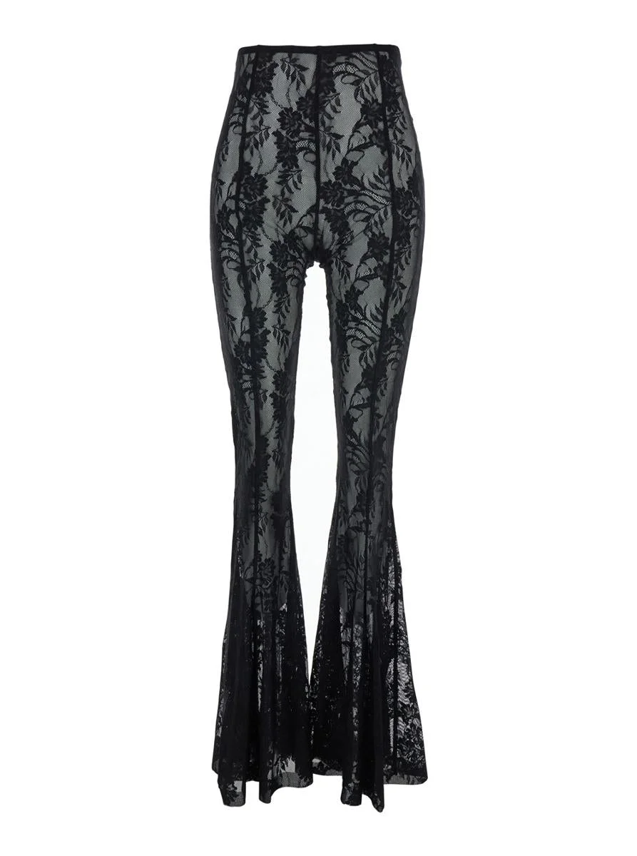 Norma Kamali 'Fishtail' Black Flared Pants With All-Over Floral Embroidery And Wide Leg In Tech Fabr - 1