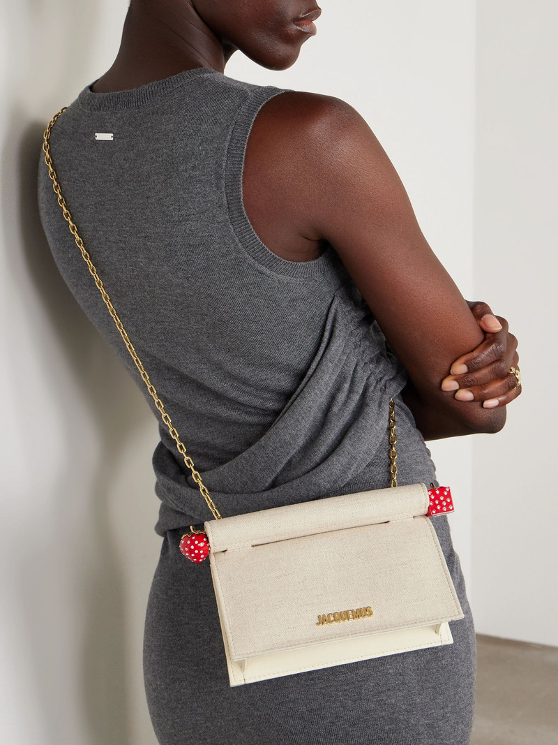 Pochette small embellished leather-trimmed canvas clutch Beige 6
