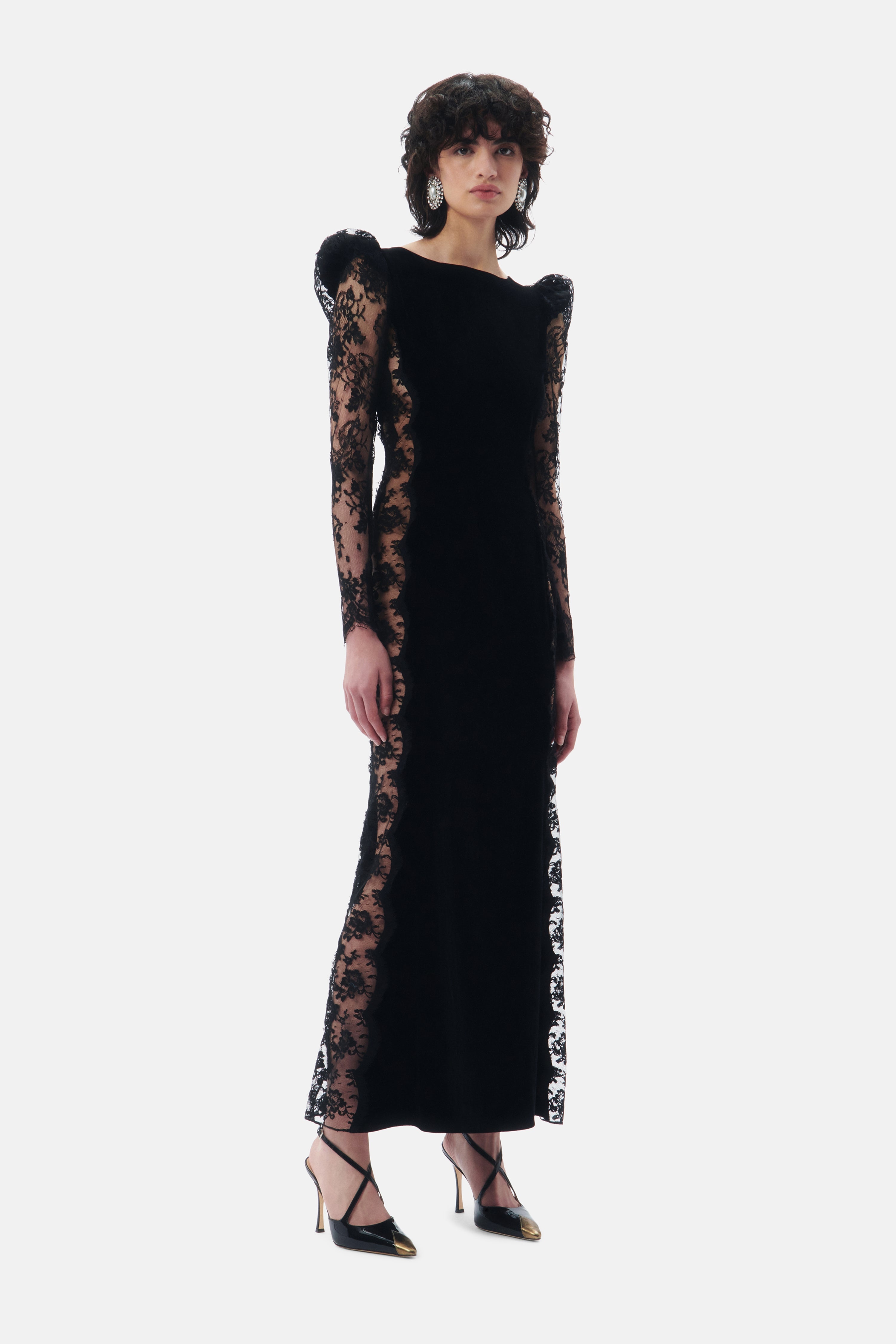 OPEN BACK VELVET EVENING DRESS WITH LACE INTARSIA - 4