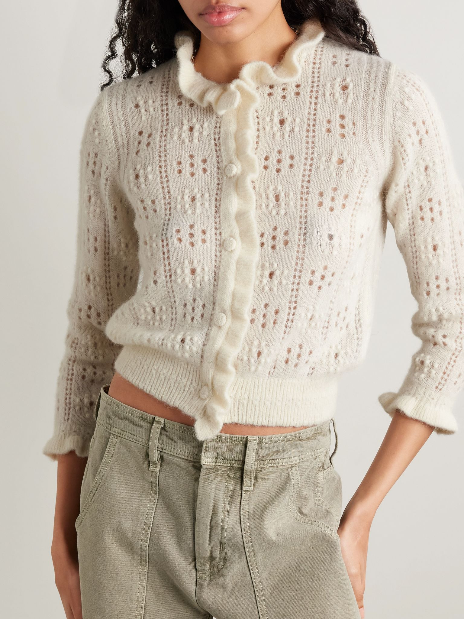 Claudie ruffled pointelle-knit alpaca-blend cardigan Ivory - 3