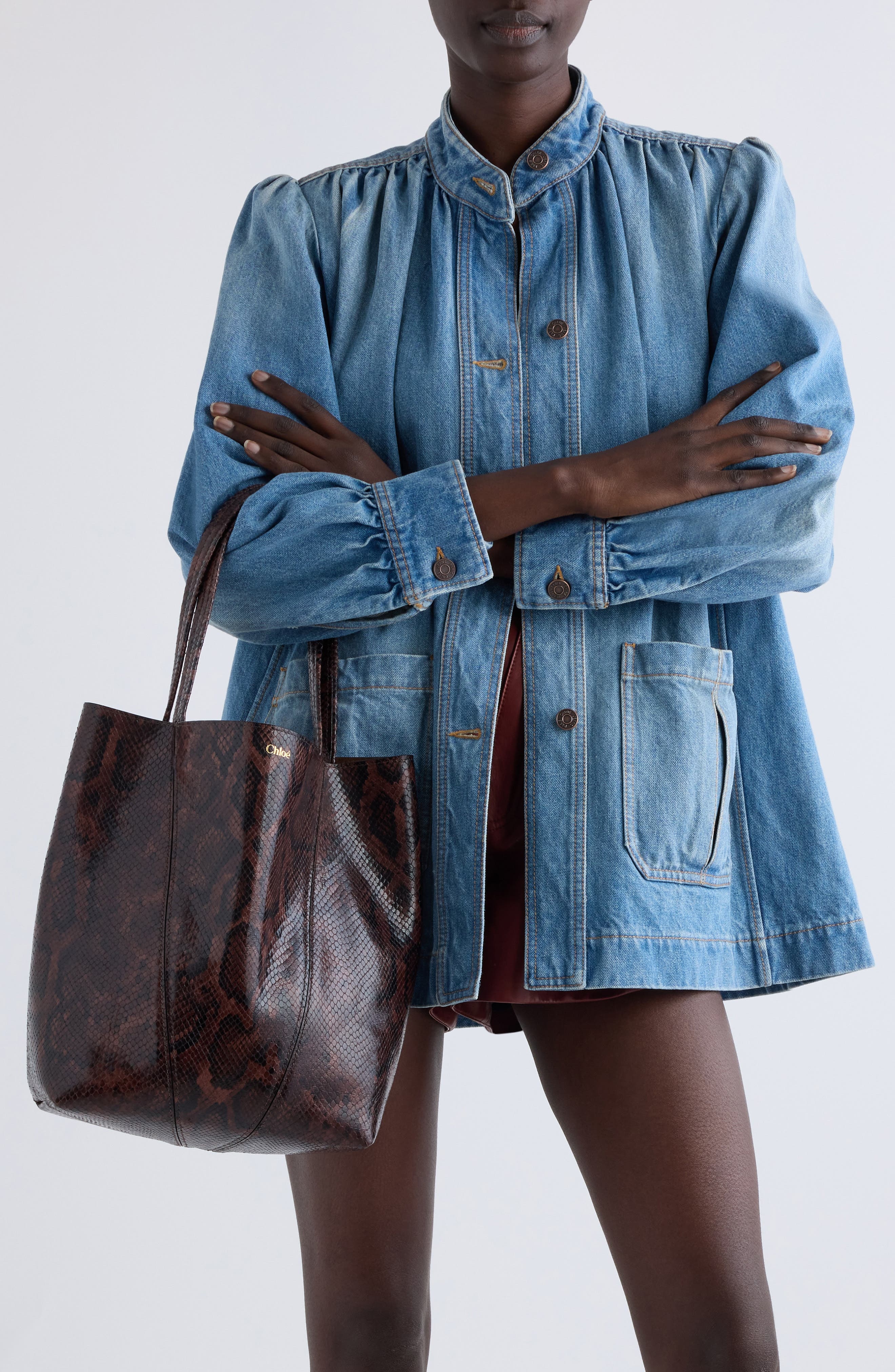 Chloé Large Spin Snakeskin Embossed Leather Tote in Sooty Brown at Nordstrom - 2
