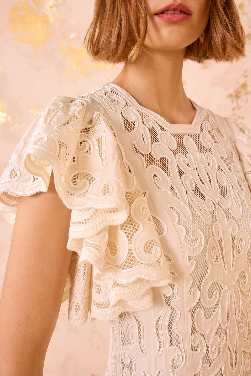 ULLA JOHNSON Cecile Applique Flutter Sleeve Long Dress outlook