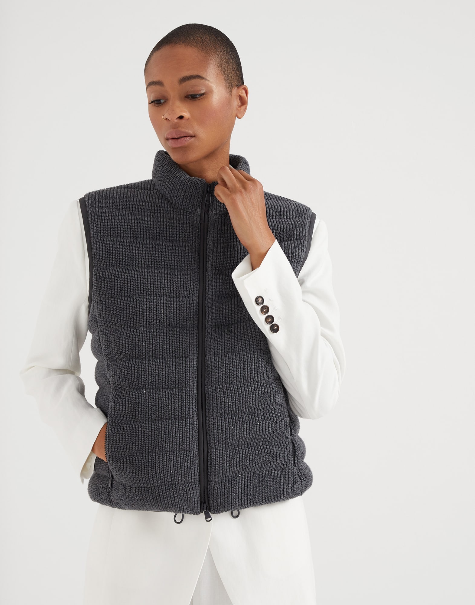 Dazzling cotton English rib knit down vest with monili - 1