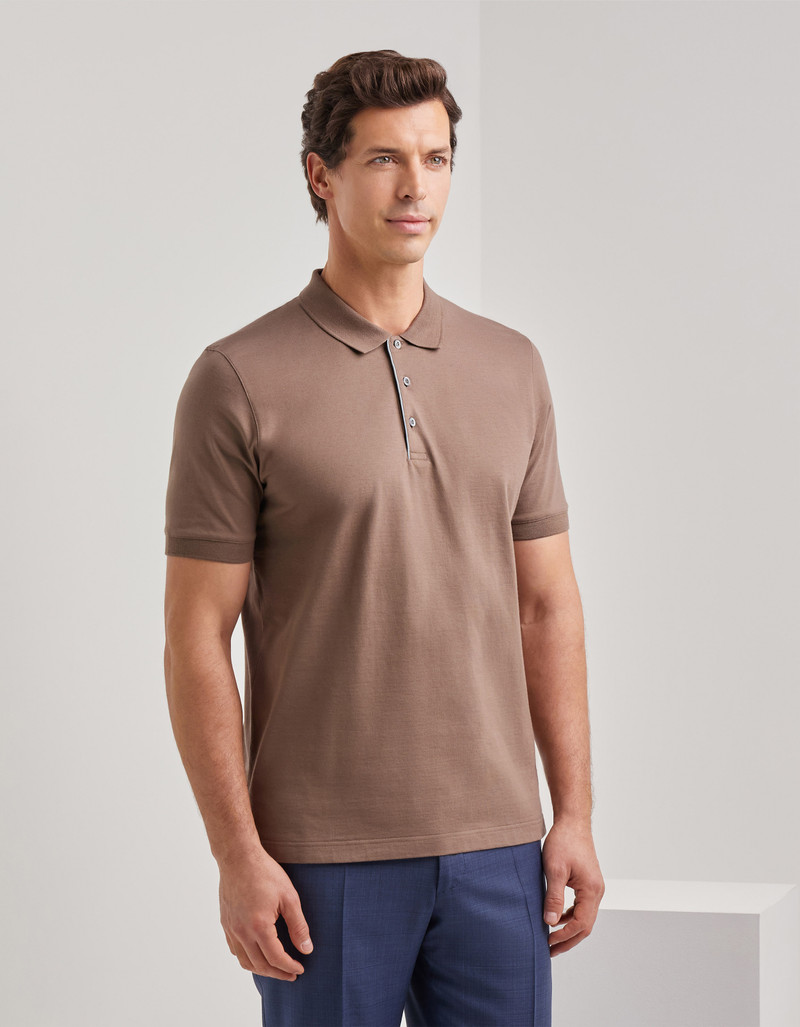Canali TAUPE COTTON POLO SHIRT WITH CONTRASTING PIPING ON THE BUTTON PLACKET outlook
