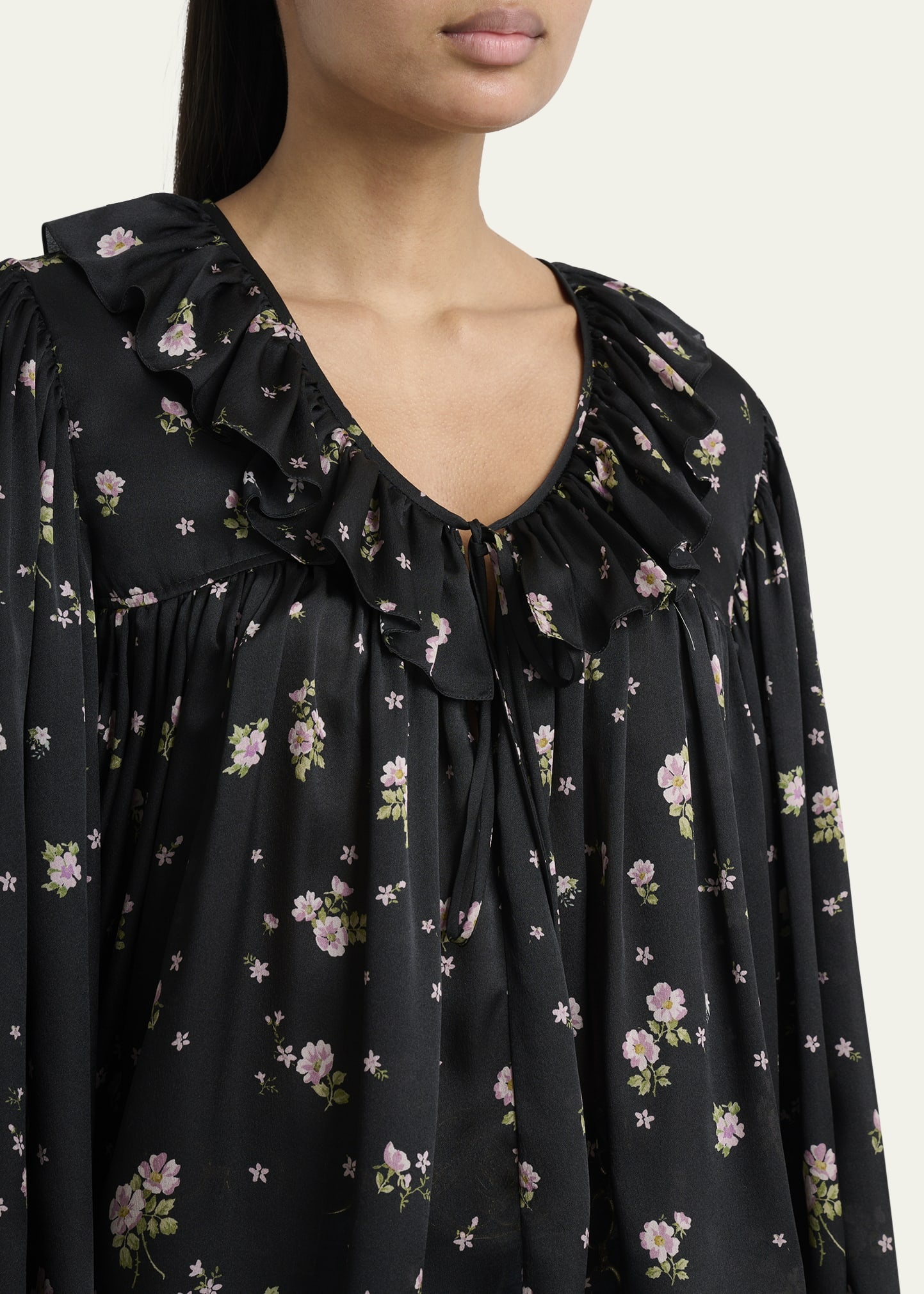 Floral Silk Ruffle Peasant Blouse - 5