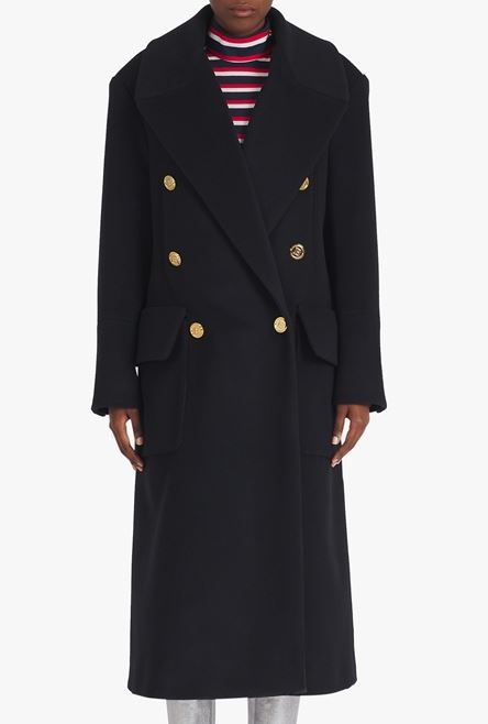 Long black wool coat with double-breasted gold-tone buttoned fastening - 6