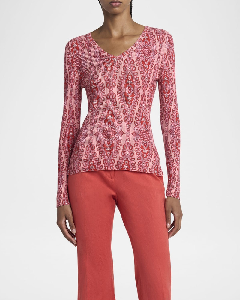 Etro Pink Medallion Ribbed V-Neck Sweater outlook