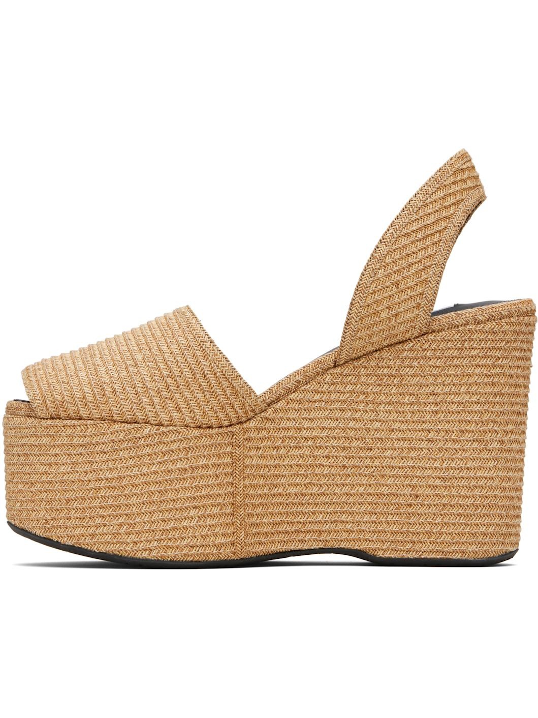 Beige Wedge Paper Straw Heeled Sandals - 3