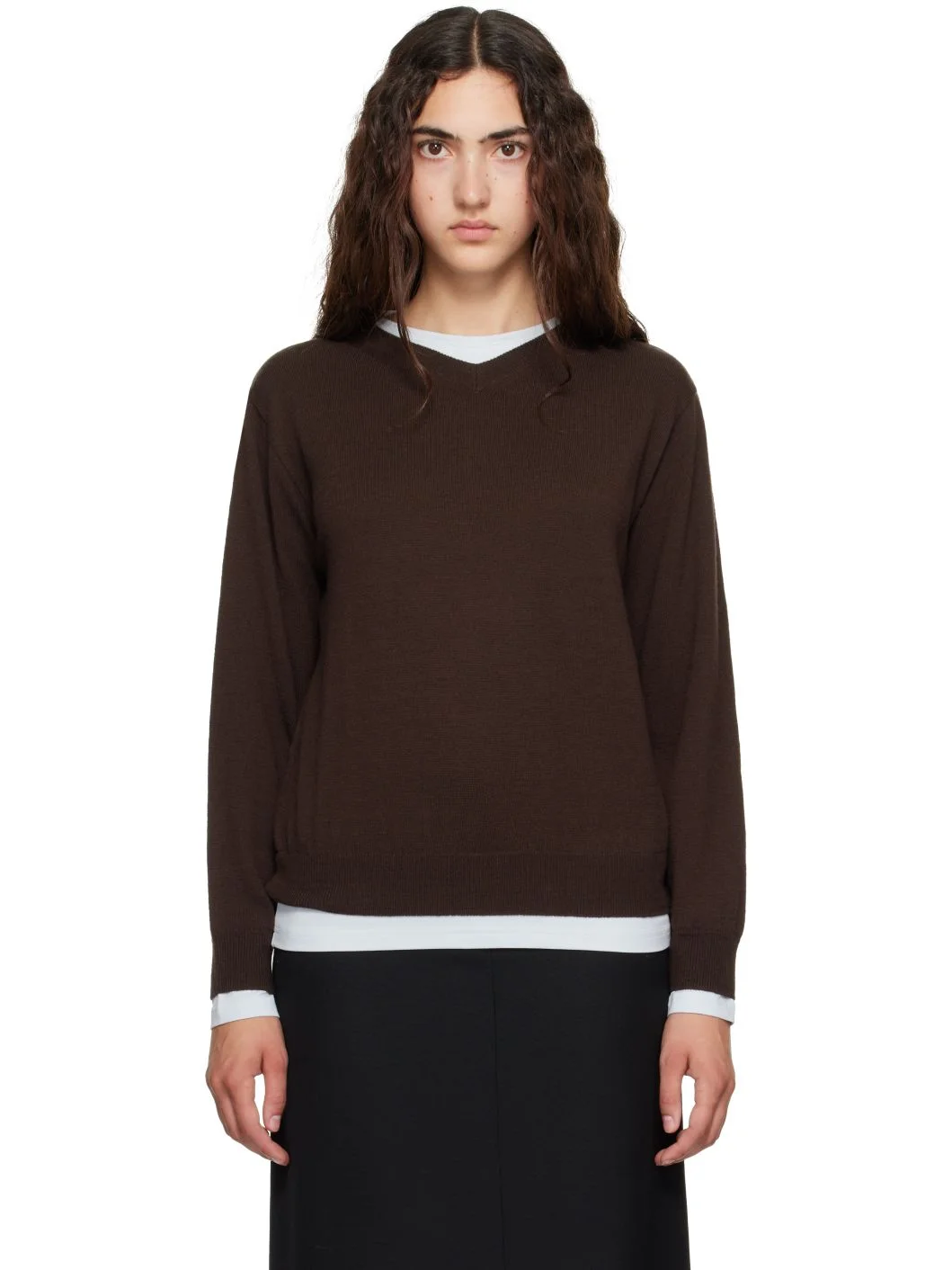 Brown Superfine Wool Layered V-Neck Sweater - 1