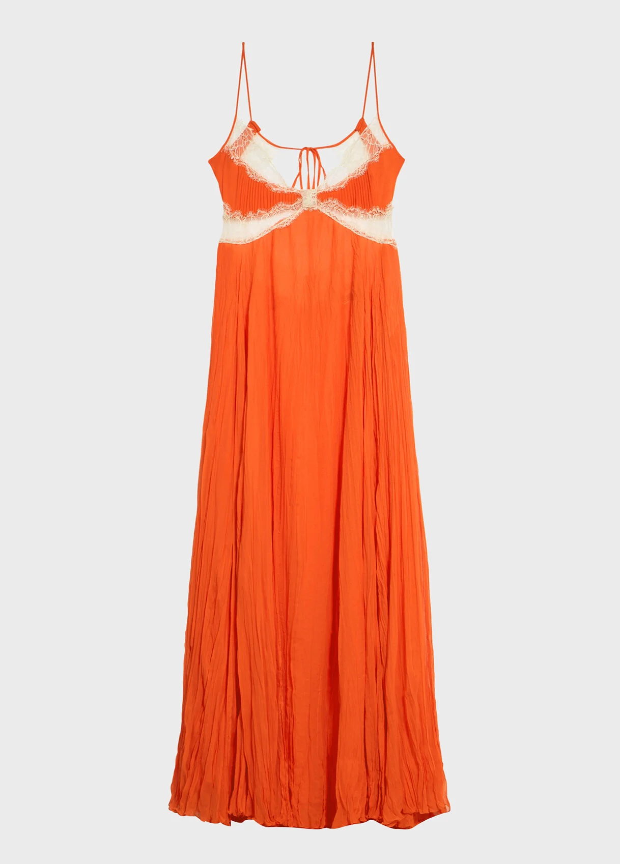 LONG PLEATED GEORGETTE DRESS WITH LACE INSERTS - 1