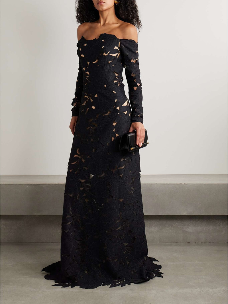 COSTARELLOS Kasia off-the-shoulder corded lace gown Black outlook