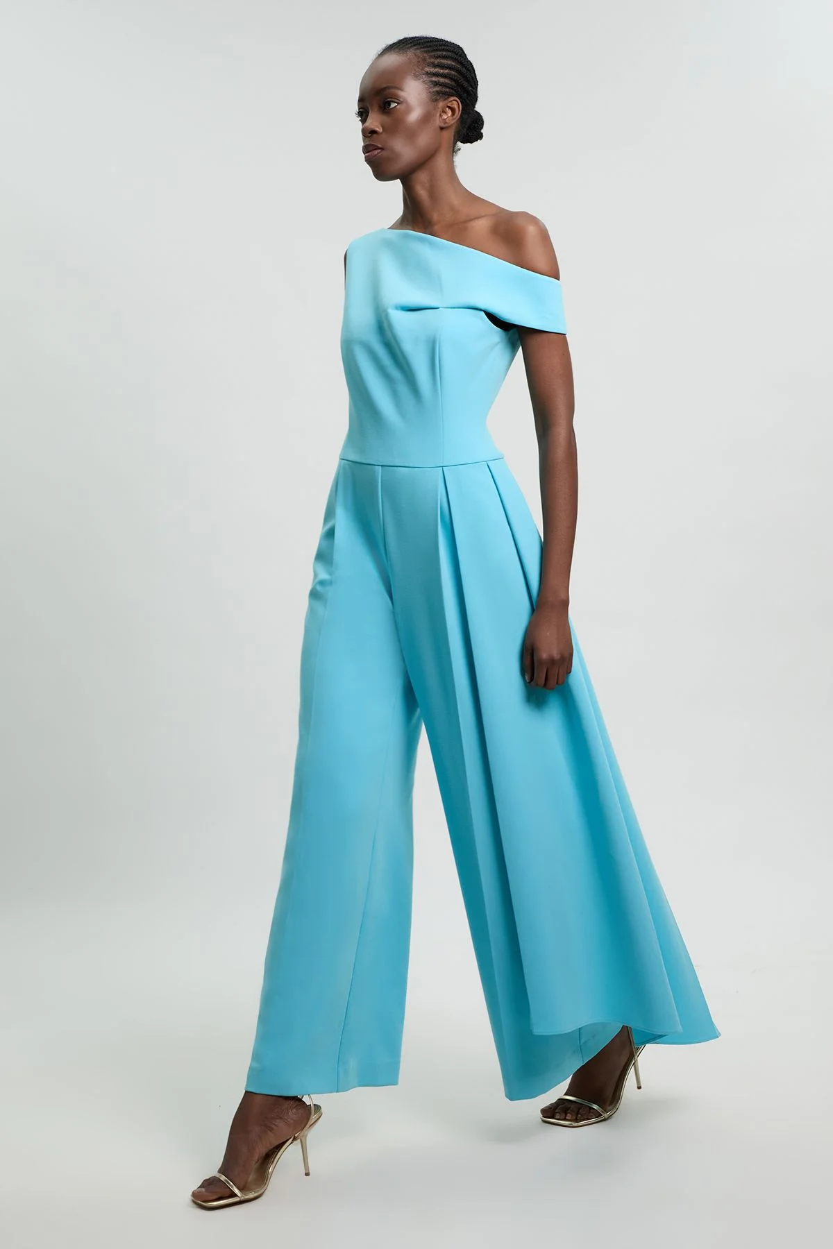 Compact Stretch Asymmetric Neck Wide Leg Jumpsuit - 1