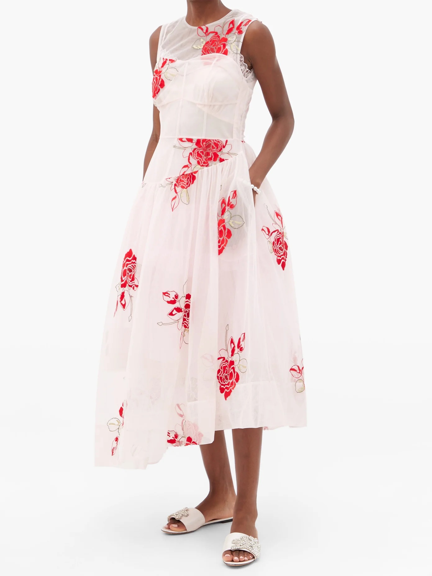 Asymmetric floral-embroidered tulle midi dress - 6