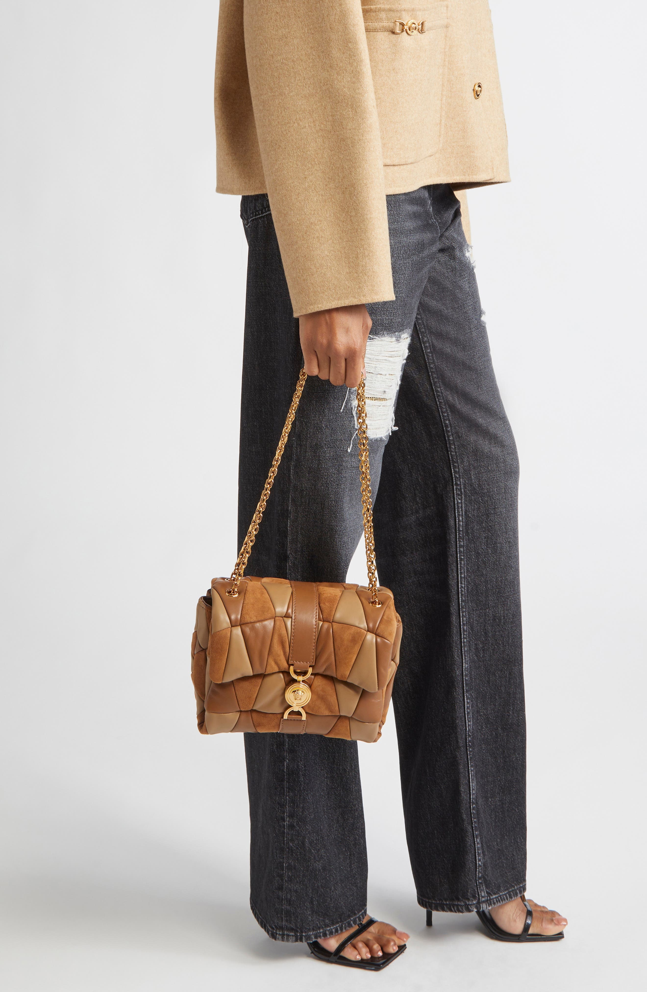 Versace Kleio Medusa 95 Quilted Patchwork Suede Shoulder Bag in Brown Caramel Gold at Nordstrom - 3