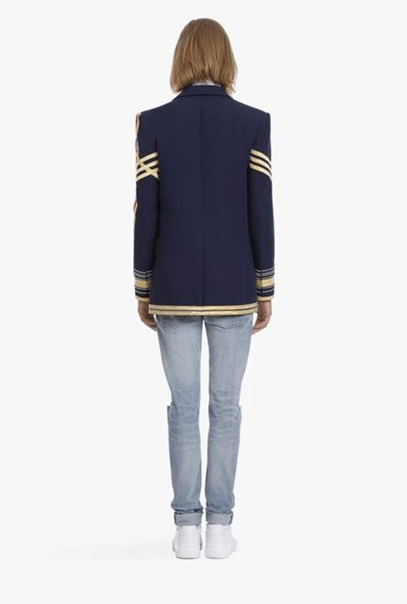 Navy blue embroidered blazer with double-breasted buttoned fastening 3