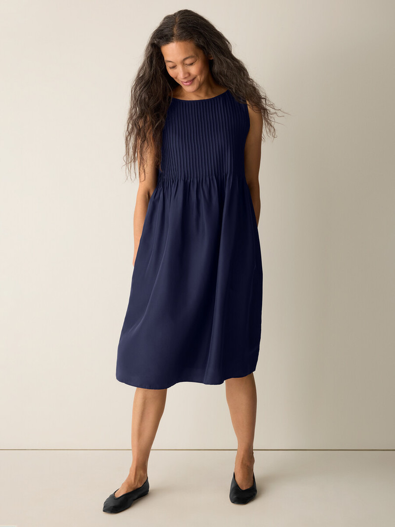 EILEEN FISHER Pleated Silk Bateau Neck Dress outlook