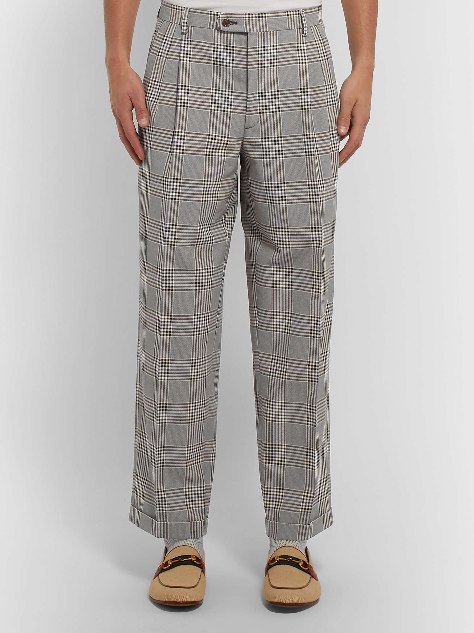 Grey Pleated Prince of Wales Checked Cotton Trousers - 10