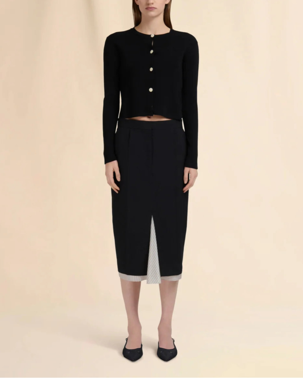 BLACK WOOL MIDI SKIRT WITH VISIBLE LINING - 2