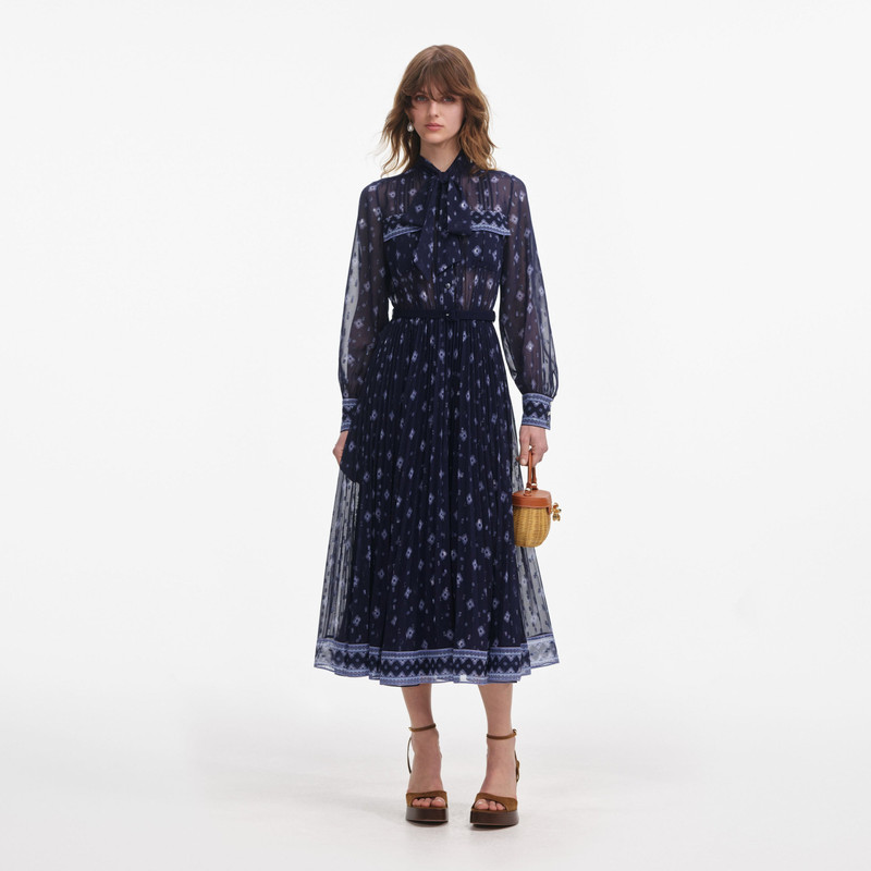 Navy Printed Chiffon Midi Dress - 1