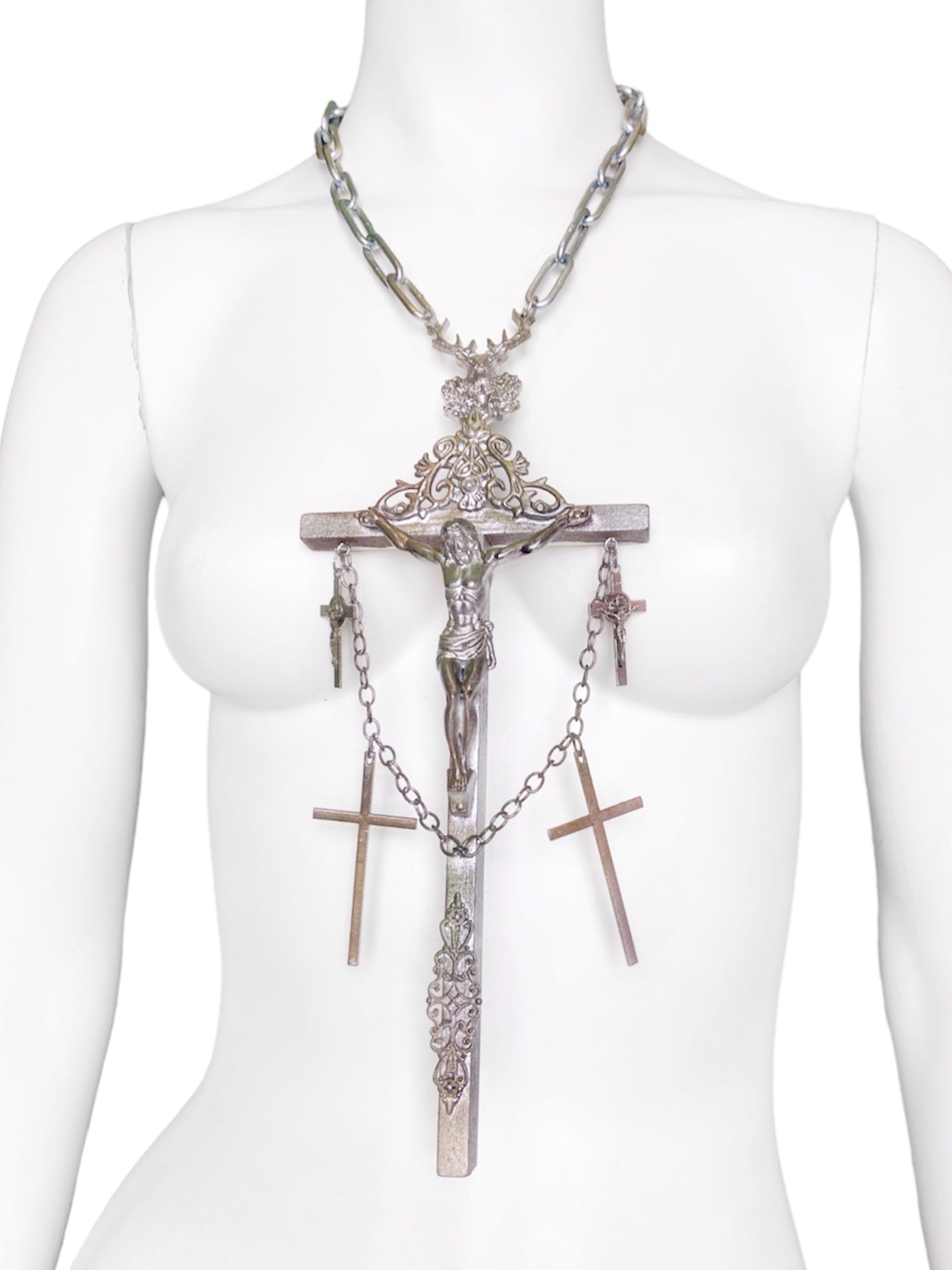 Jean Paul Gaultier 90S Sample 1/1 XXL Silver 5 Crucifix Cross Deer Chain Necklace - 2