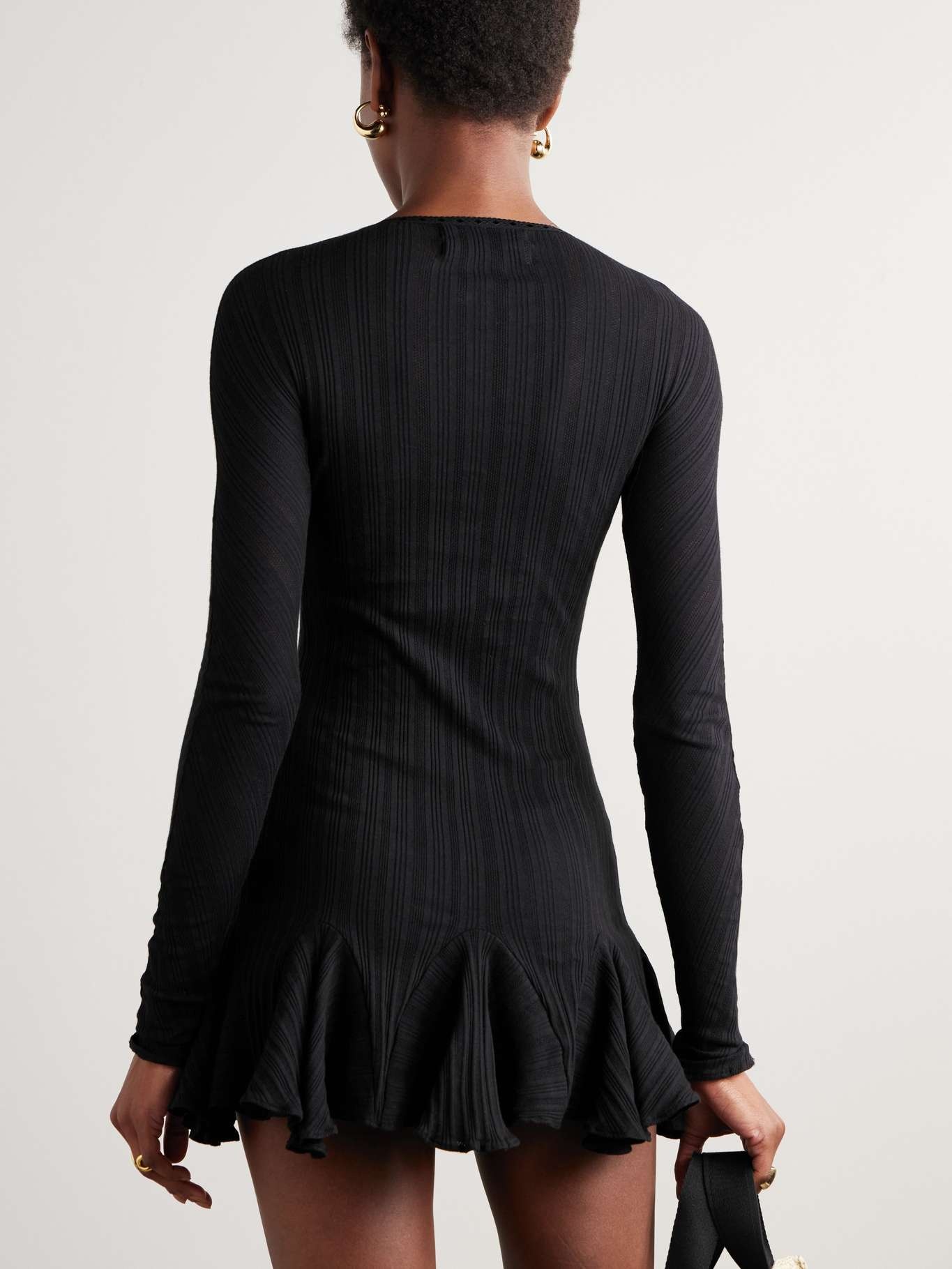 Ribbed and pointelle-knit organic cotton-jersey mini dress Black - 3