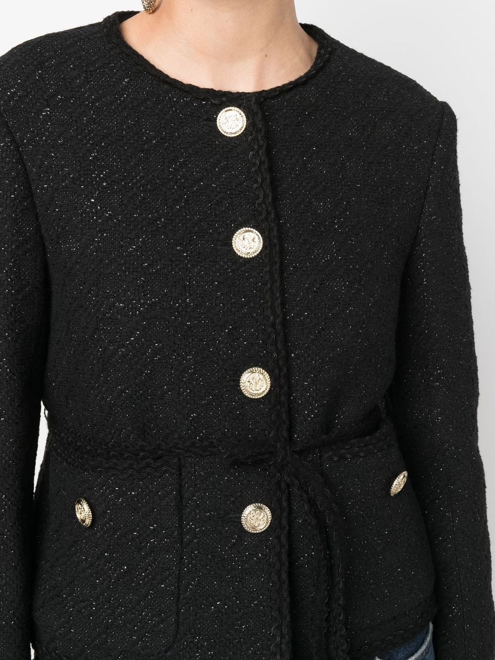 belted metallic-threading tweed jacket - 5