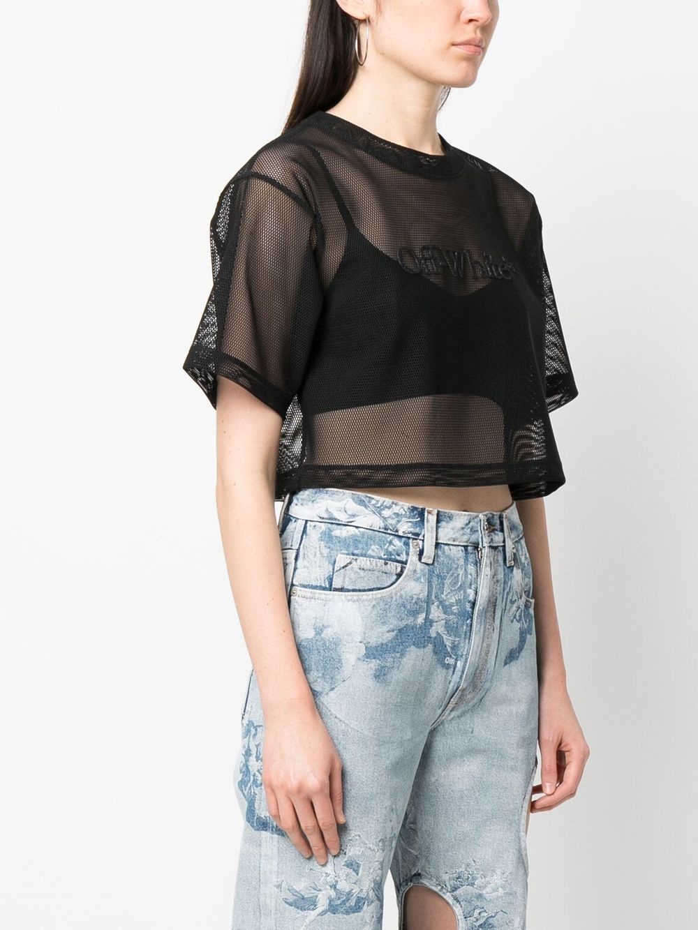 logo-print cropped mesh T-shirt - 3