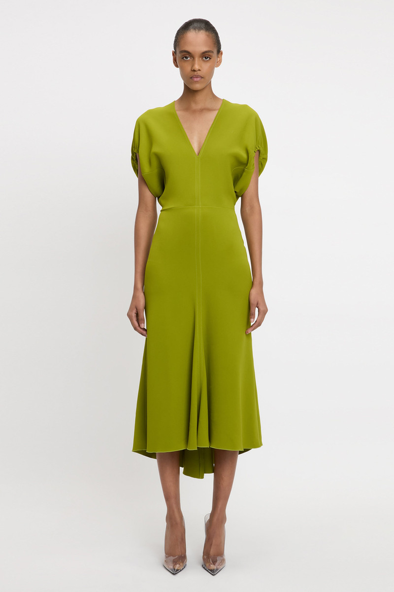 Victoria Beckham Blouson Detail Midi Dress In Parakeet outlook