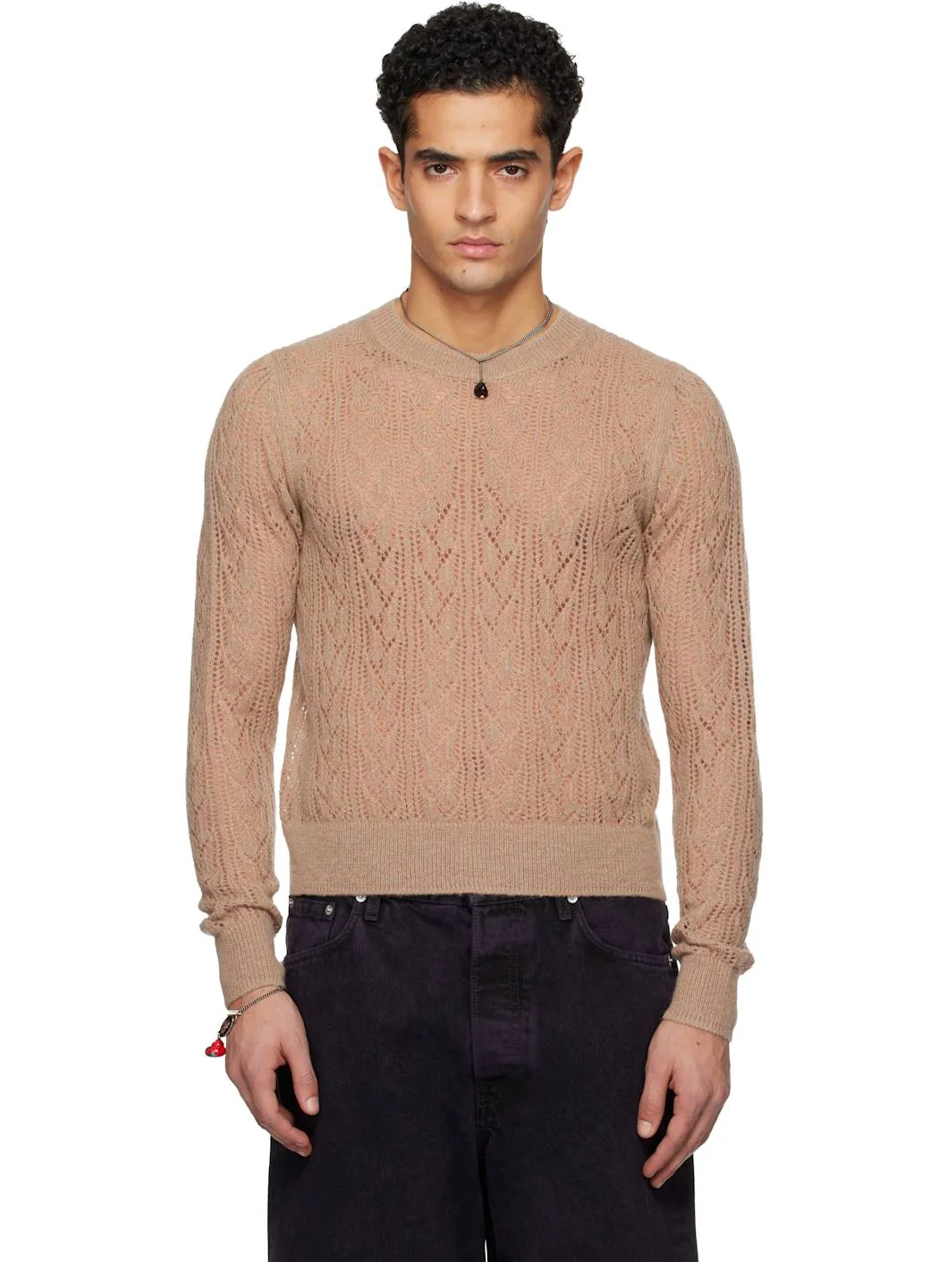 Taupe Lace Stitch Alpaca Sweater - 1