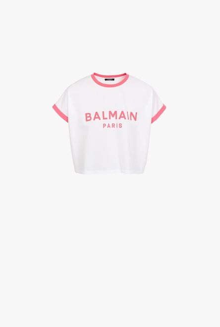 Cropped white cotton T-shirt with flocked pink Balmain logo - 1