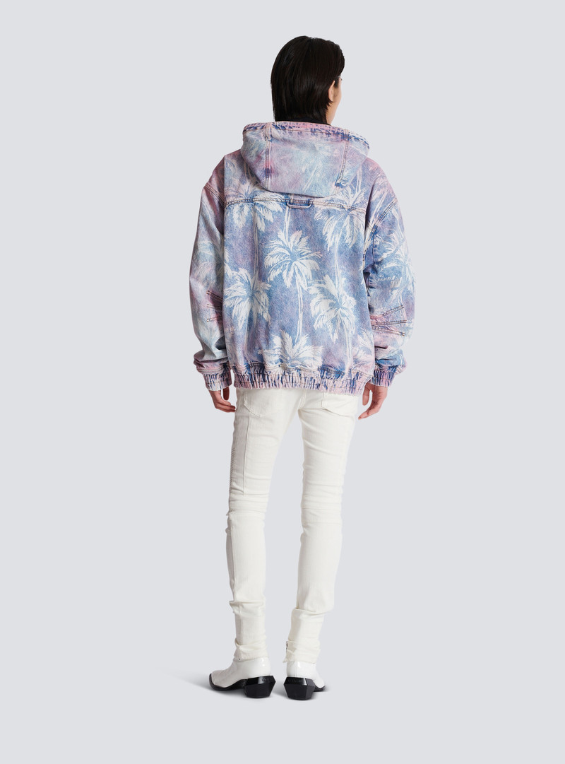 Denim hooded bomber jacket with palm tree print 4