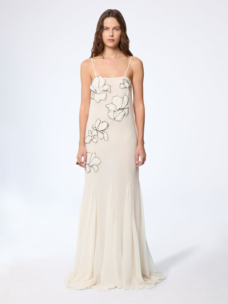 Cream Long Embroidered Flowers Silk Dress 1