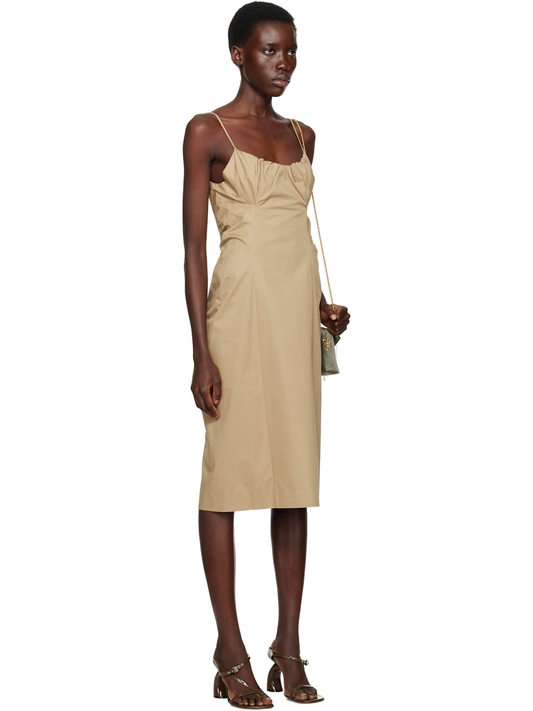 Beige Gathered Midi Dress - 2