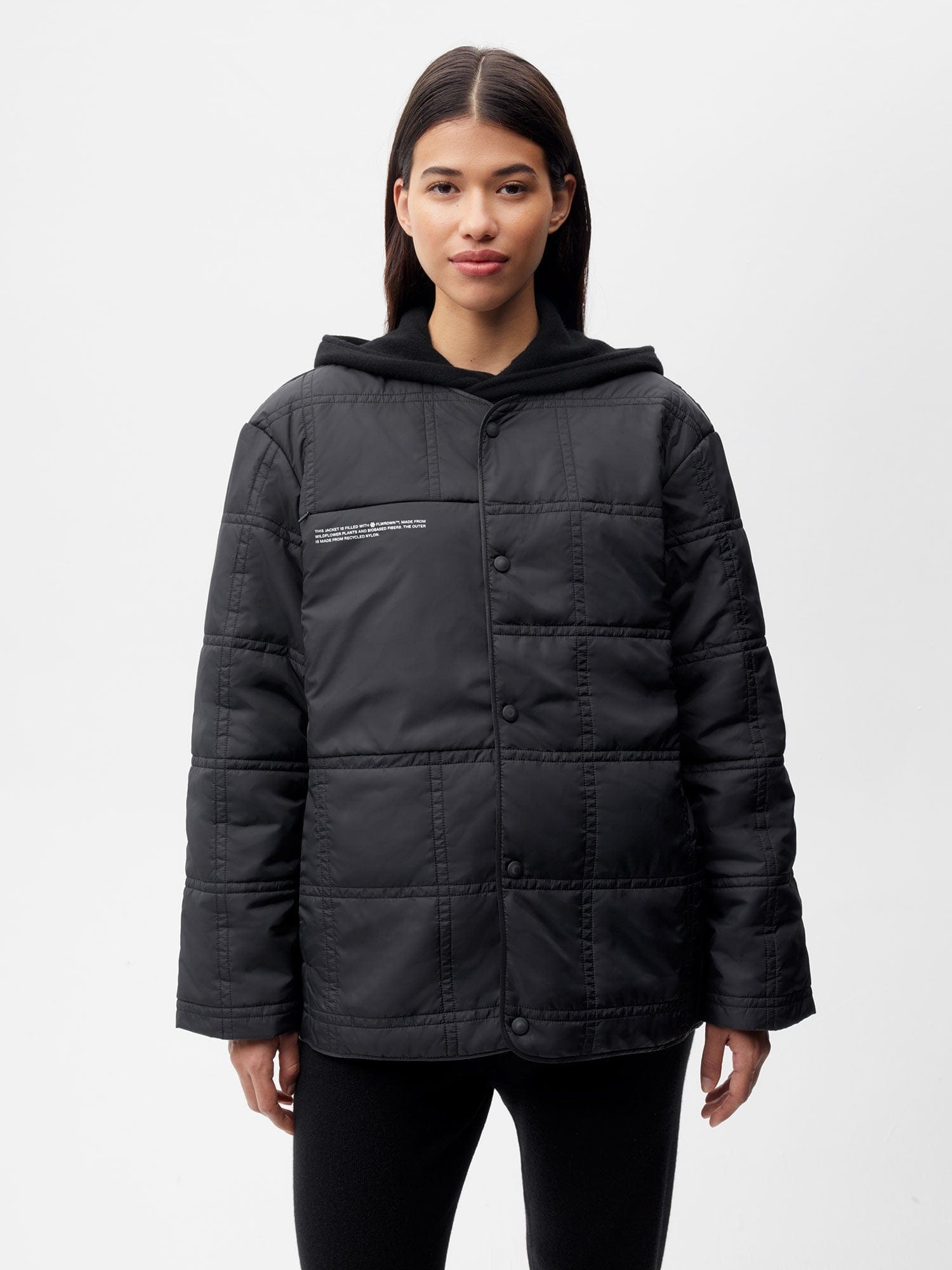 Womens Flower-Warmth Quilted Collarless Jacket  - Black - 3