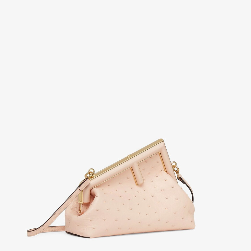 FENDI Small Fendi First bag made of exquisite pale pink ostrich leather with oversized metal F clasp bound outlook