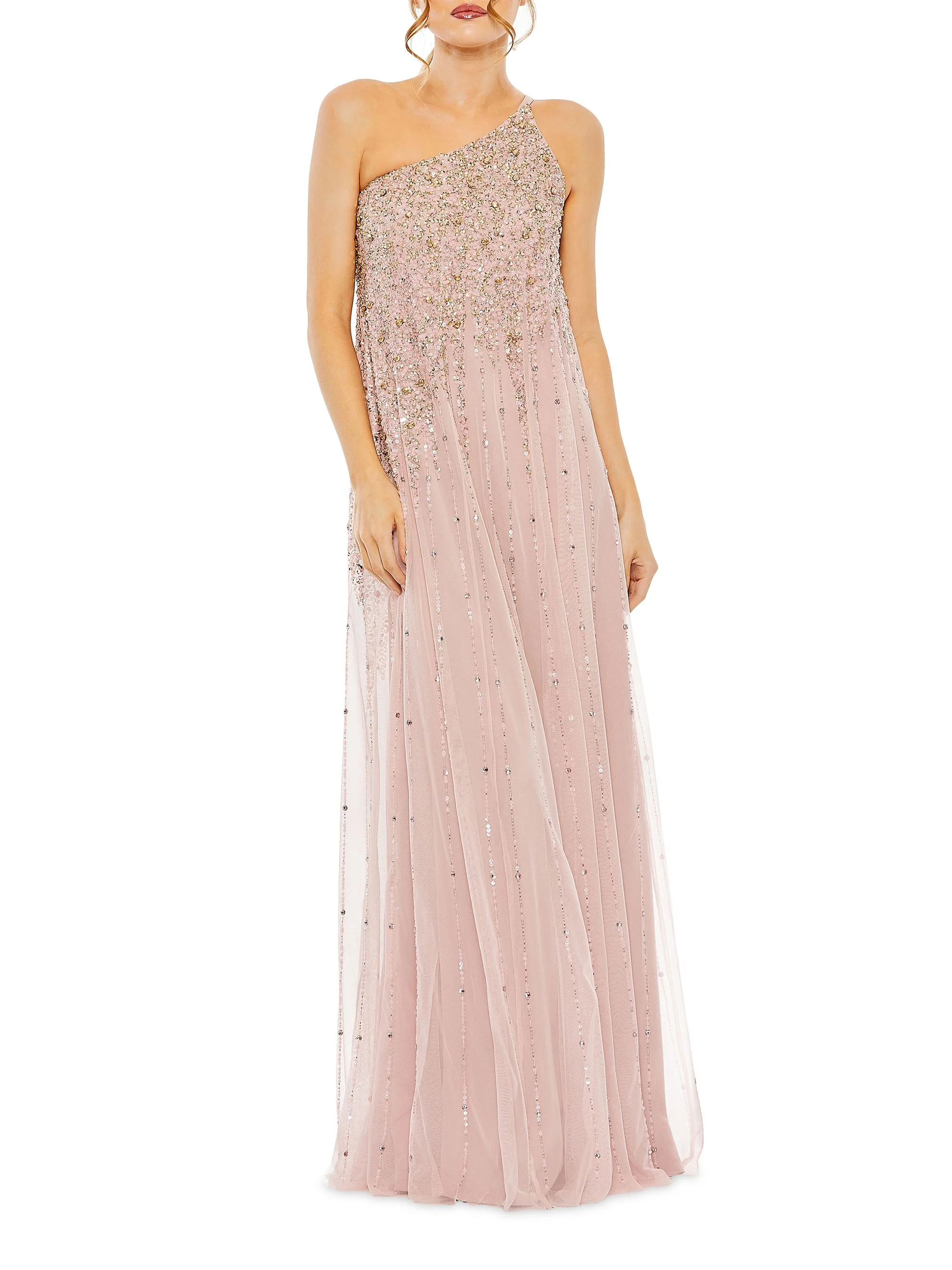 Women's One-Shoulder Beaded Tulle Trapeze Gown - Porcelain Gold - 1