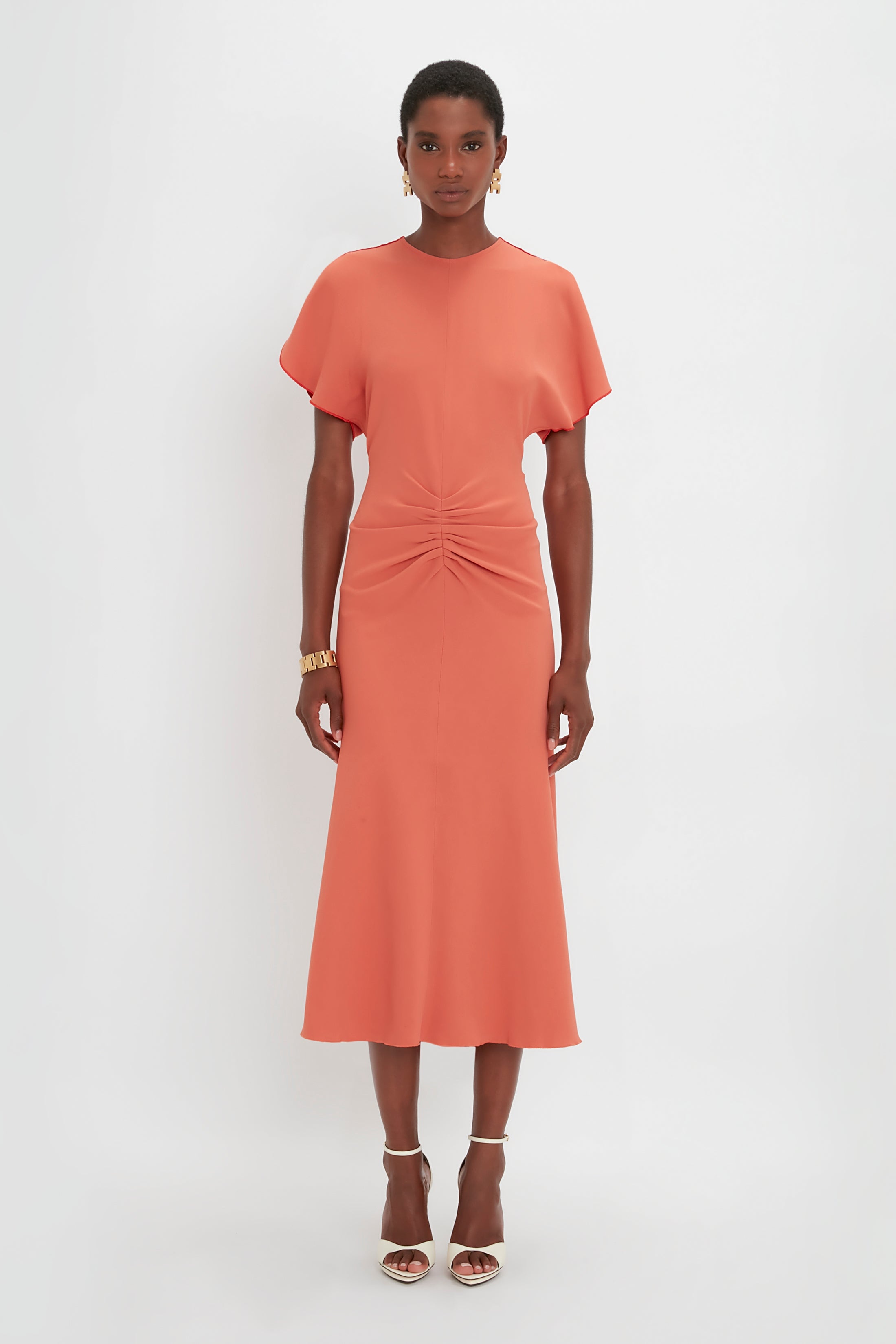 Gathered Waist Midi Dress In Papaya - 2