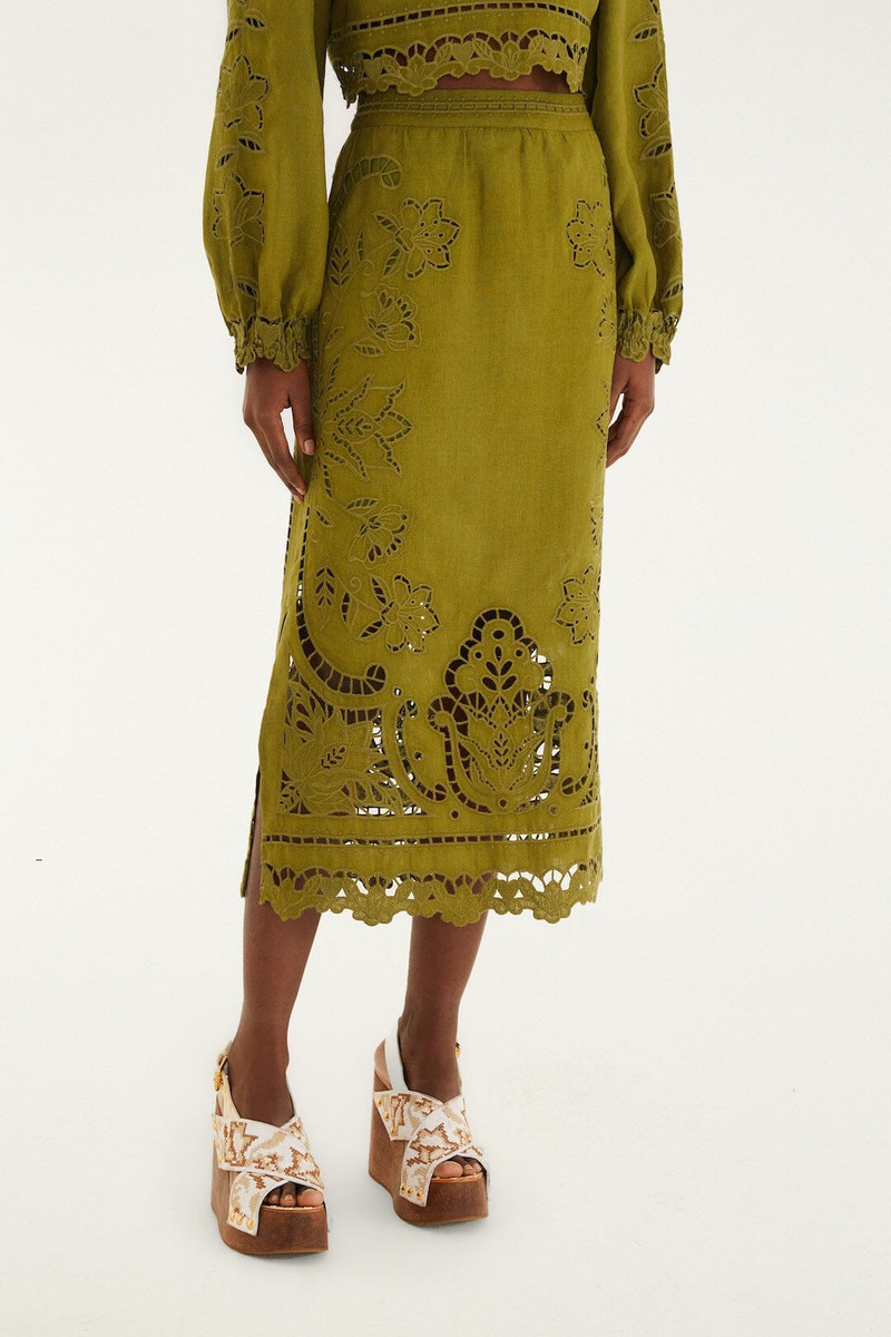 FARM RIO Green Majestic Garden Euroflax Premium Linen Richelieu Midi Skirt outlook